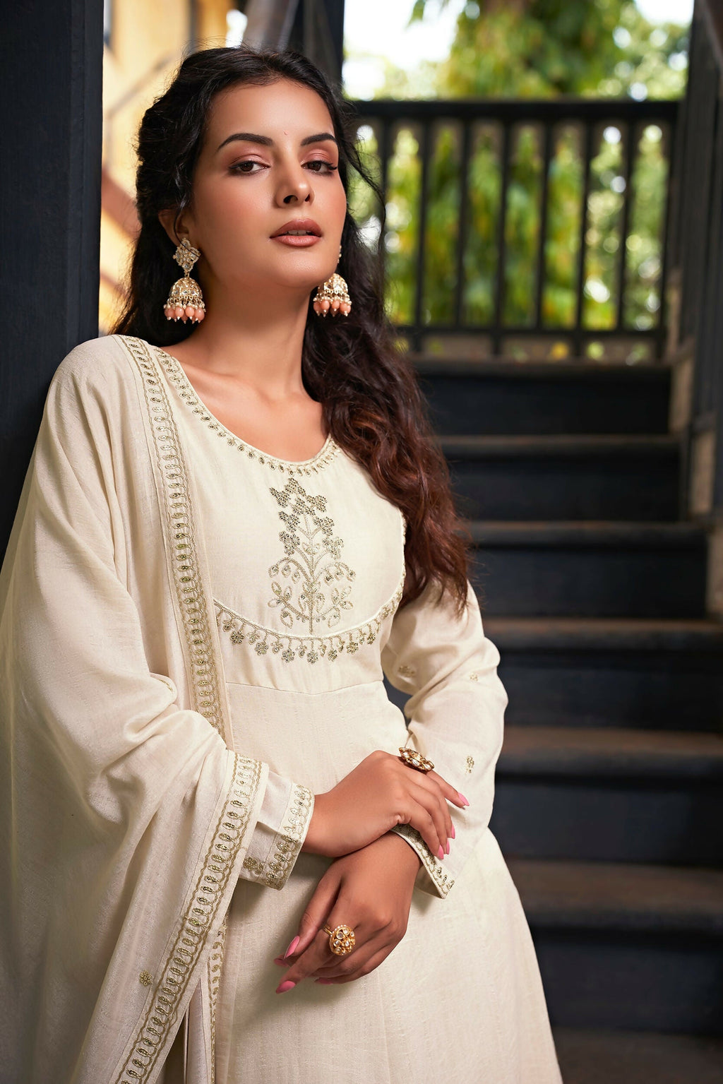 The52 Women's Beautiful Vichitra Silk Fabric Embroidery Work Flared Anarkali Pant and Dupatta Set - Distacart