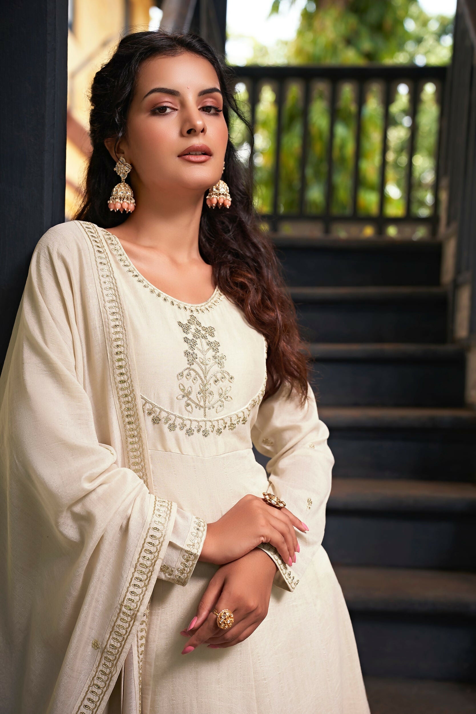 The52 Women's Beautiful Vichitra Silk Fabric Embroidery Work Flared Anarkali Pant and Dupatta Set - Distacart