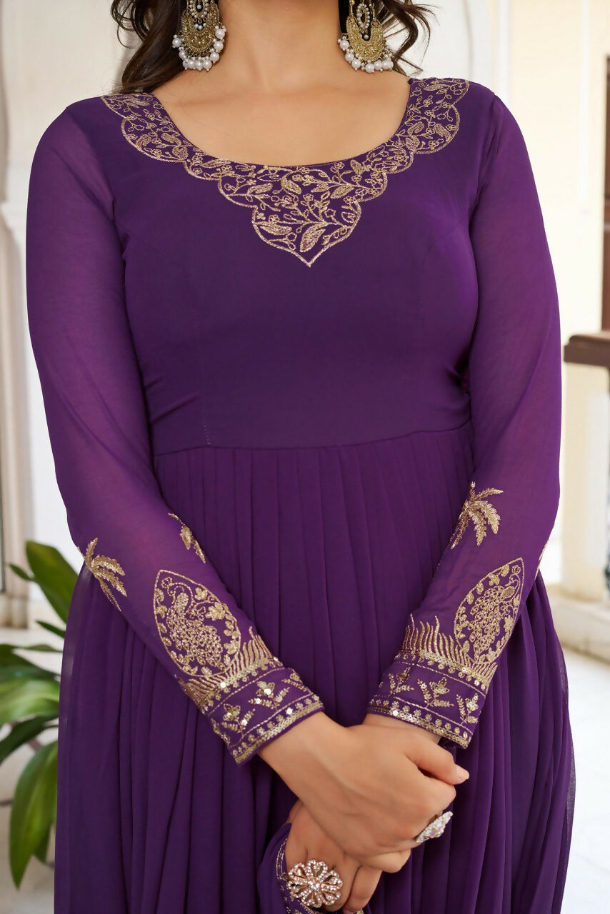 The52 Women's Gorgeous Faux Georgette Fabric Embroidery Work Flared Anarkali Pant and Dupatta Set - Distacart