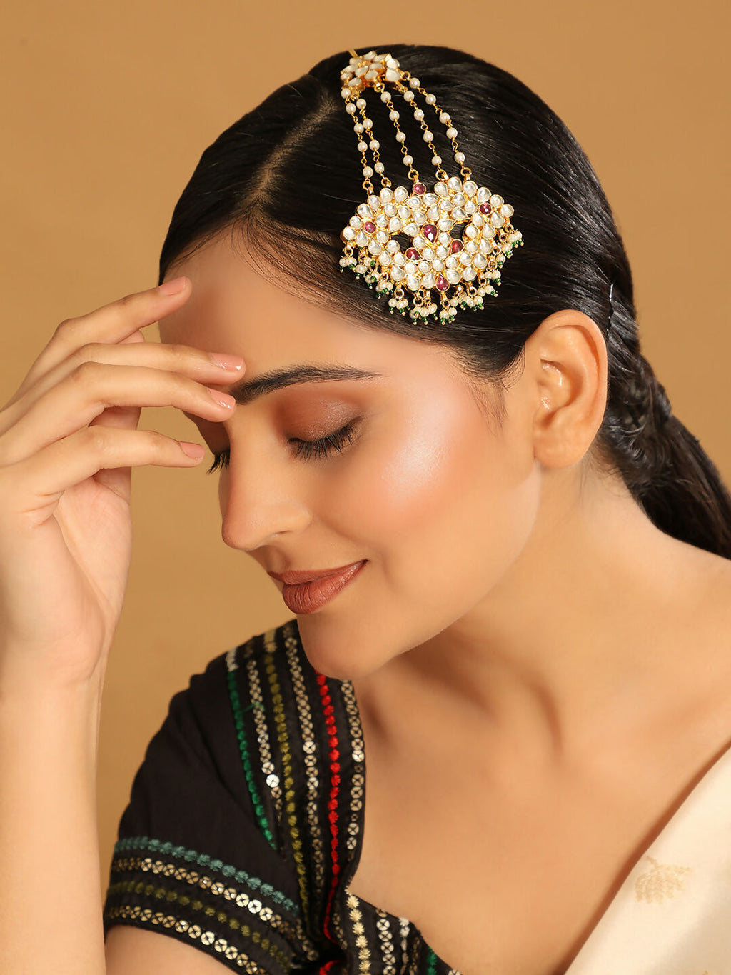 Nuyug 22K Gold-Plated Kundan & Red Stone Studded Jhumar Paasa Head Jewellery - Distacart