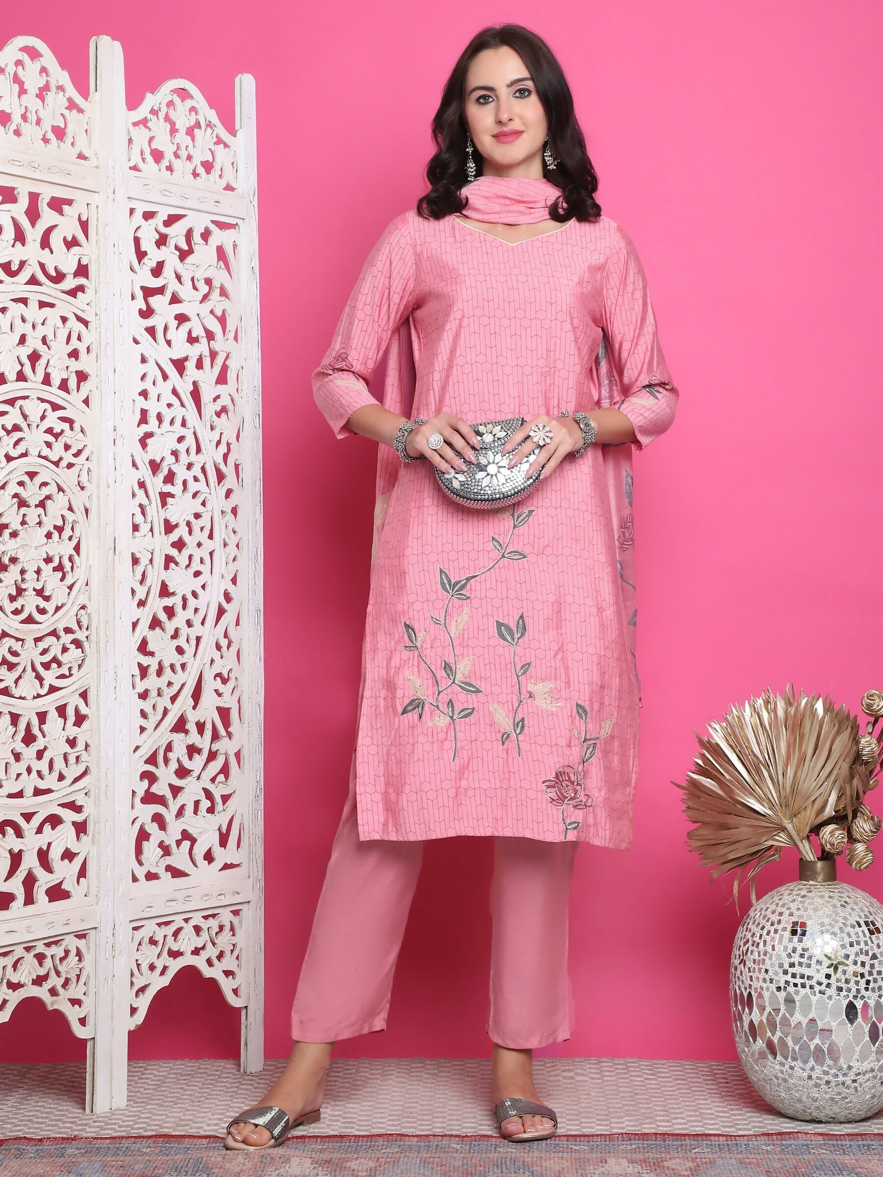 Jyoti Fashion Women's Pink Muslin Floral Print with Jari & Crystal work Kurta with Trouser & Dupatta