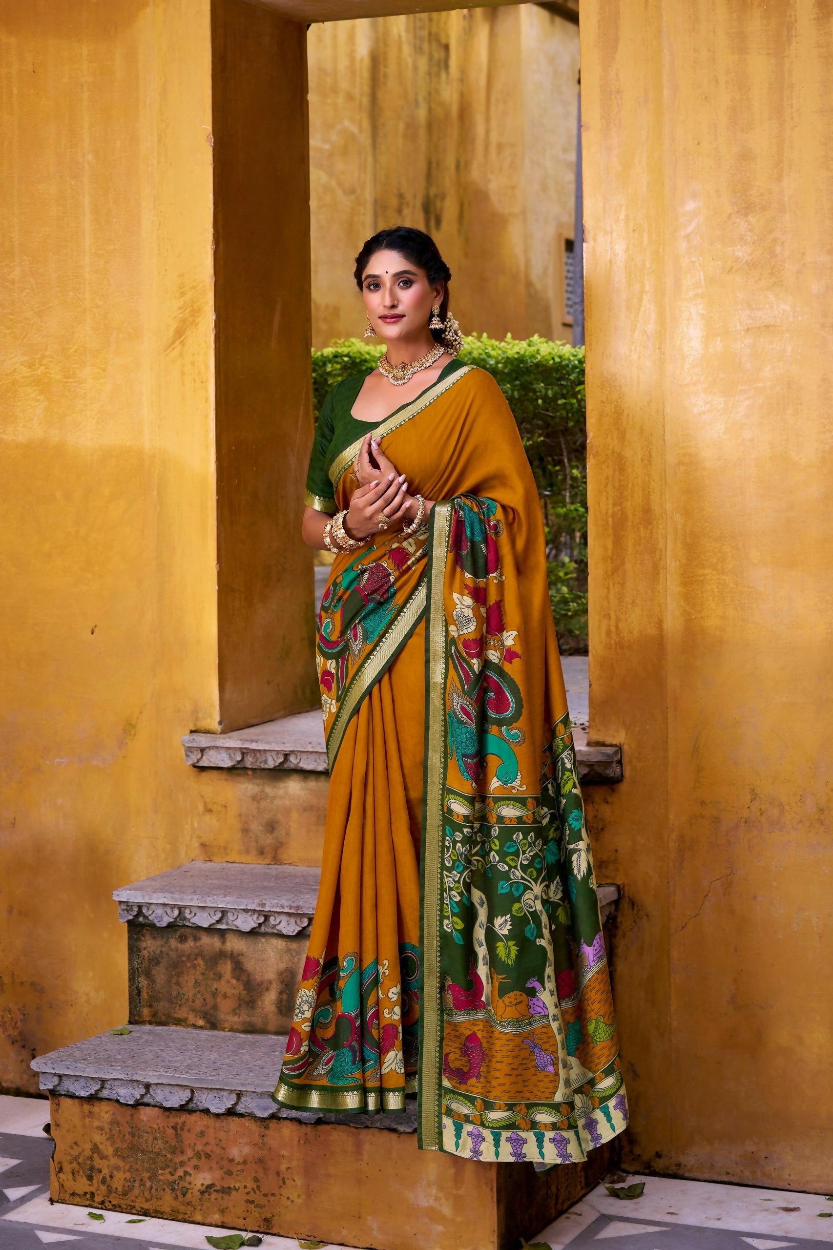 Vastranavya Mustard Viscose Chanderi Kalamkari Print with Zari Working Saree & Unstitched Blouse - Distacart
