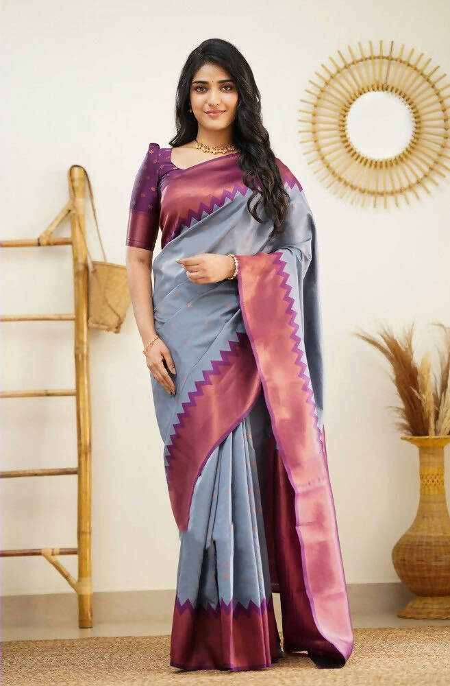 DEIANA'S Beautiful Designer Golden zari Soft Lichi Silk Saree - Grey