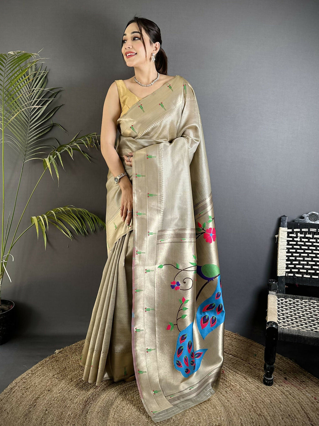 Joban Fashion Beige Peacock & Floral Motifs Tissue Paithani Saree