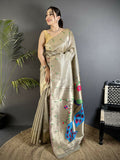 Joban Fashion Beige Peacock & Floral Motifs Tissue Paithani Saree