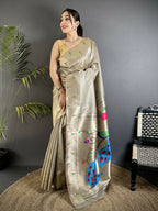 Joban Fashion Beige Peacock & Floral Motifs Tissue Paithani Saree
