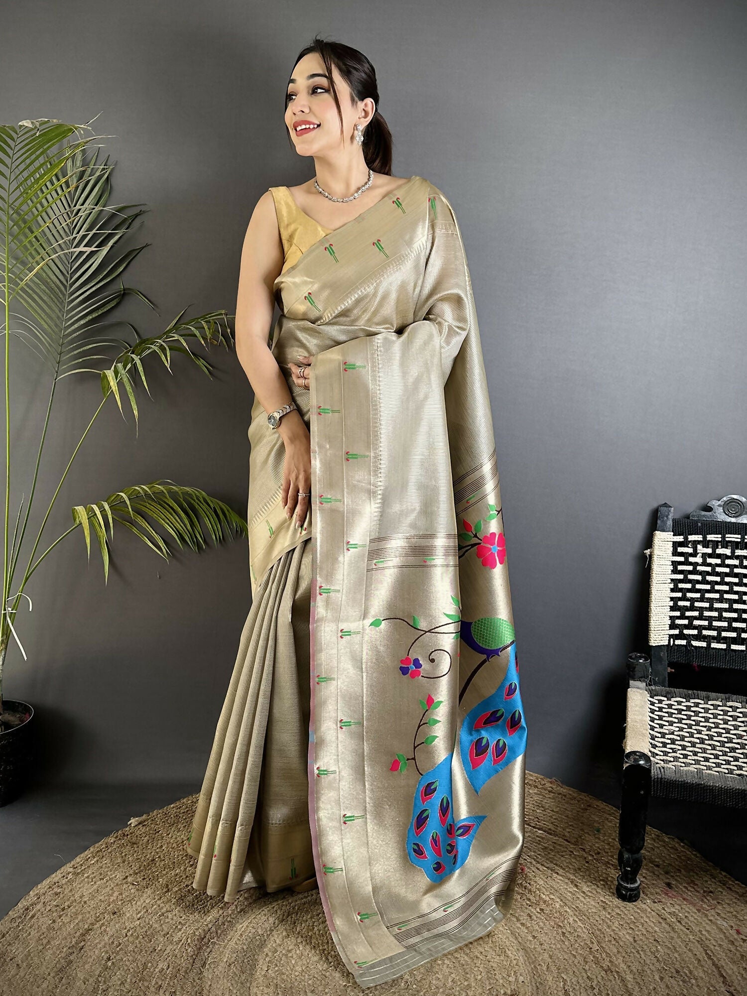 Joban Fashion Beige Peacock & Floral Motifs Tissue Paithani Saree