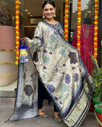 The52 Navy Blue Women's Beautiful Viscose Chanderi Fabric Embroidered Work Straight Kurta Pant and Dupatta Set - Distacart