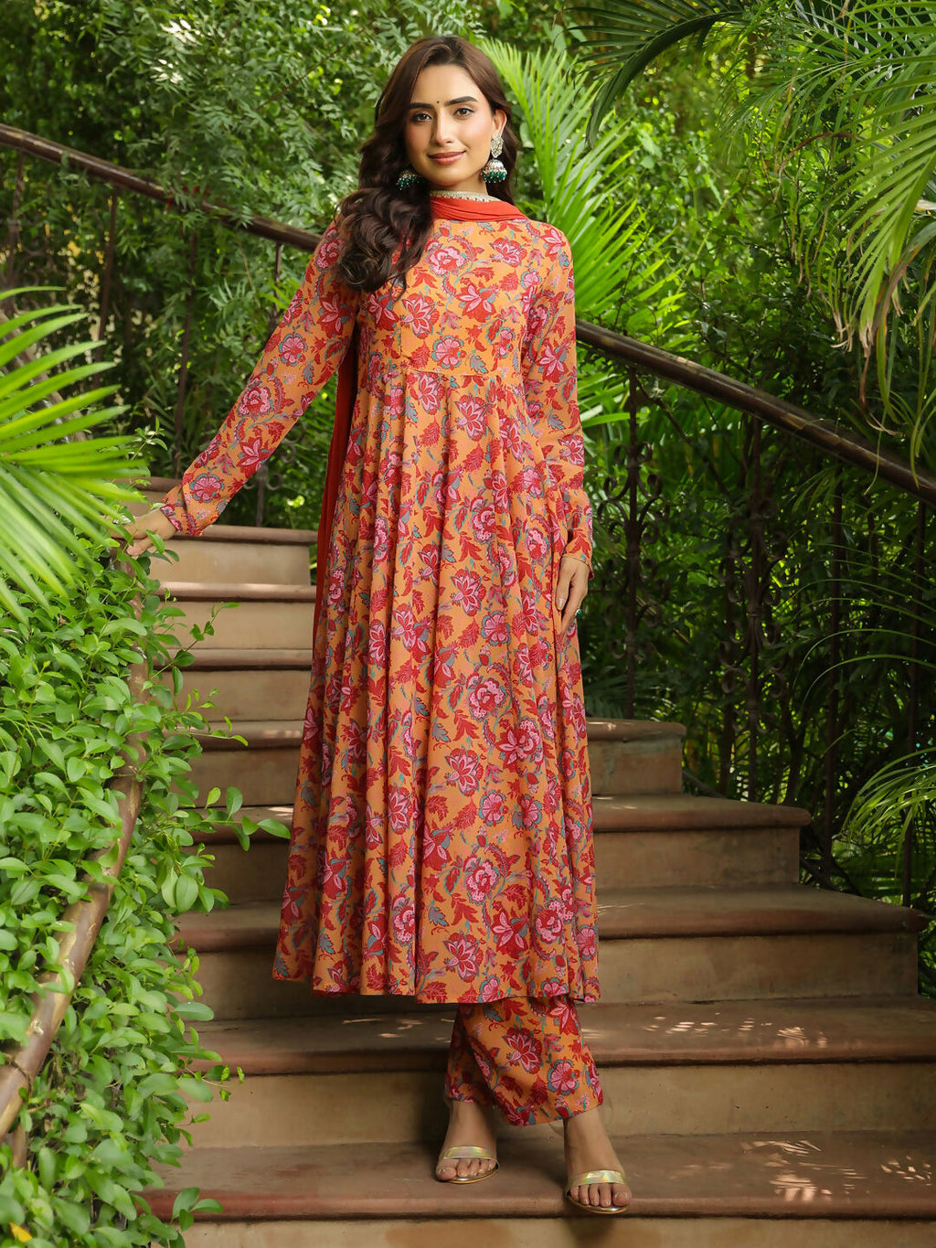 Janasya Mustard Georgette Floral Kurta,Bottom & Dupatta