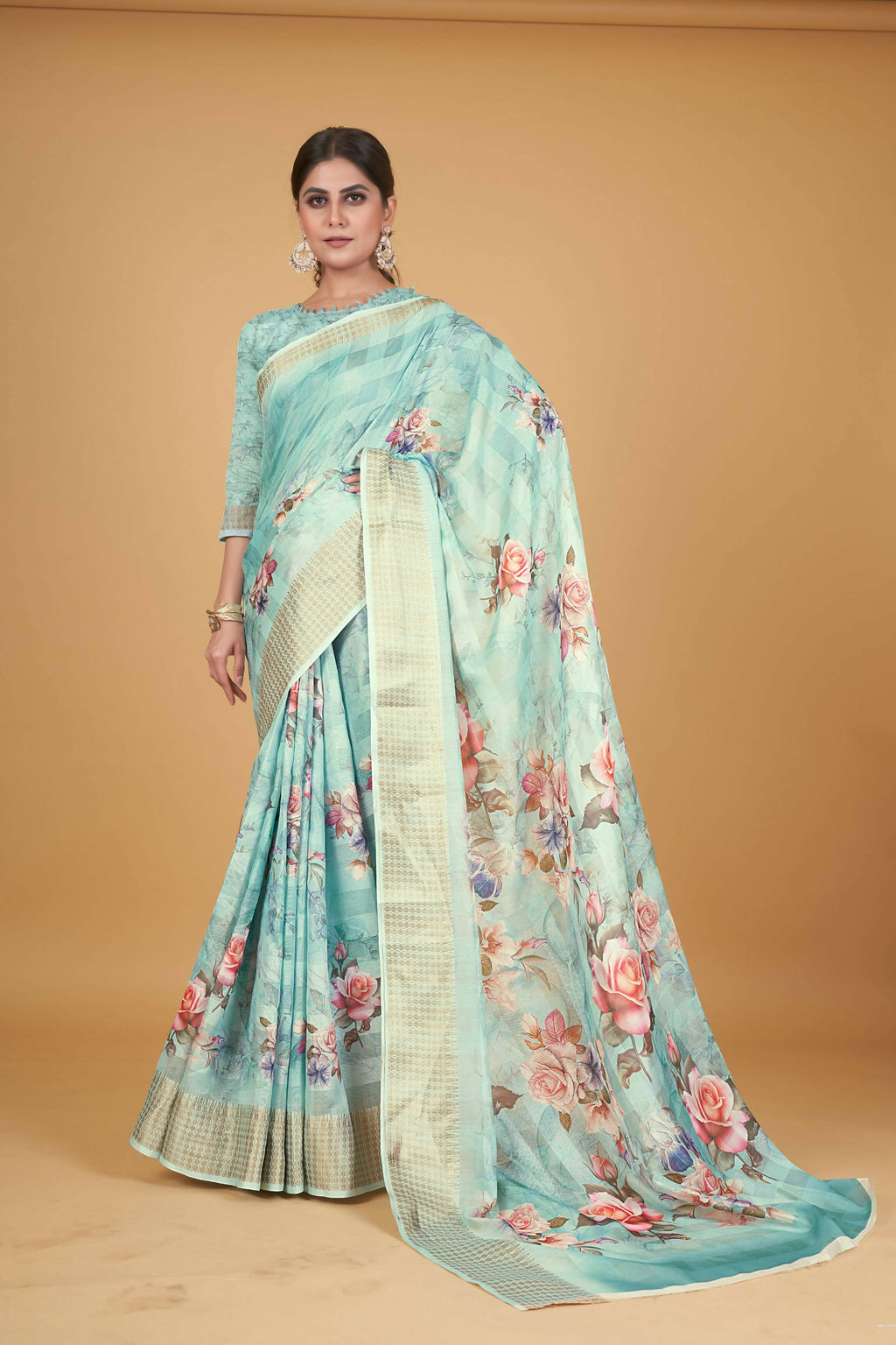 Blue Cotton Silk Digital Printed Saree With Unstitched Blouse Piece - Alisha