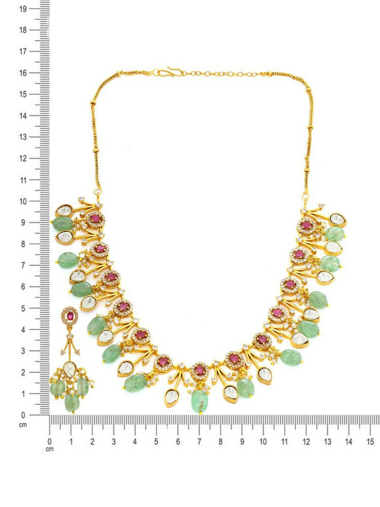 Natural Stones Antique Finish Earrings and Choker Necklace set - Ruby Raang