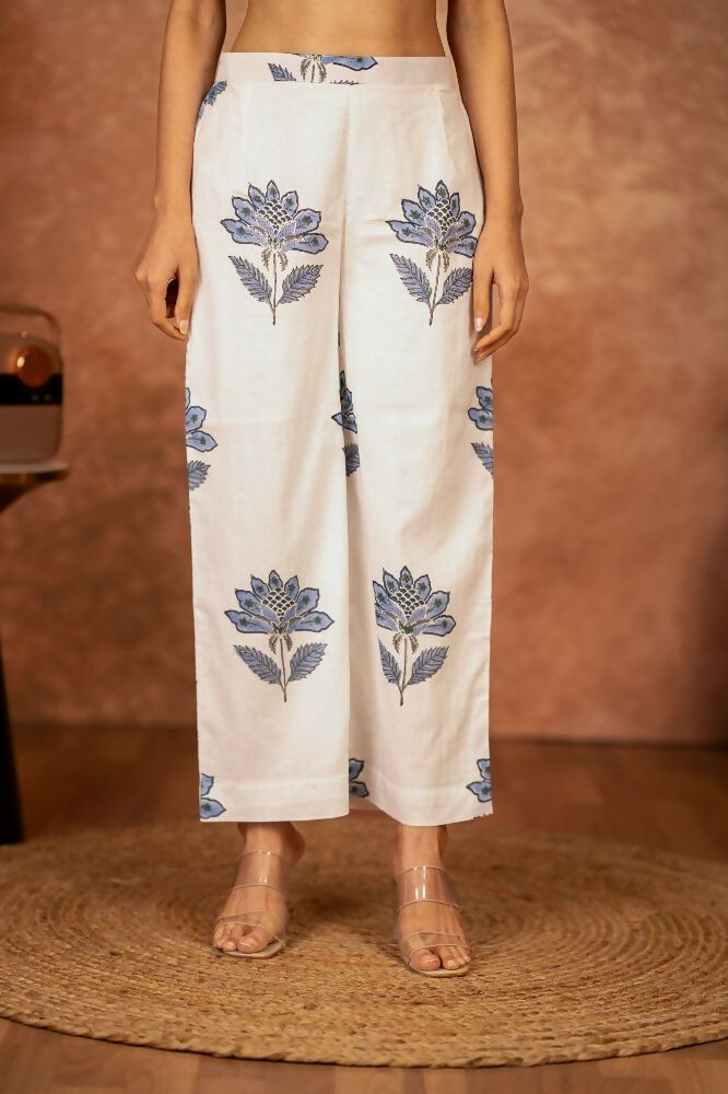 Joban Fashion Off White Blue Hand Block Printed Cotton Suit Set - Distacart