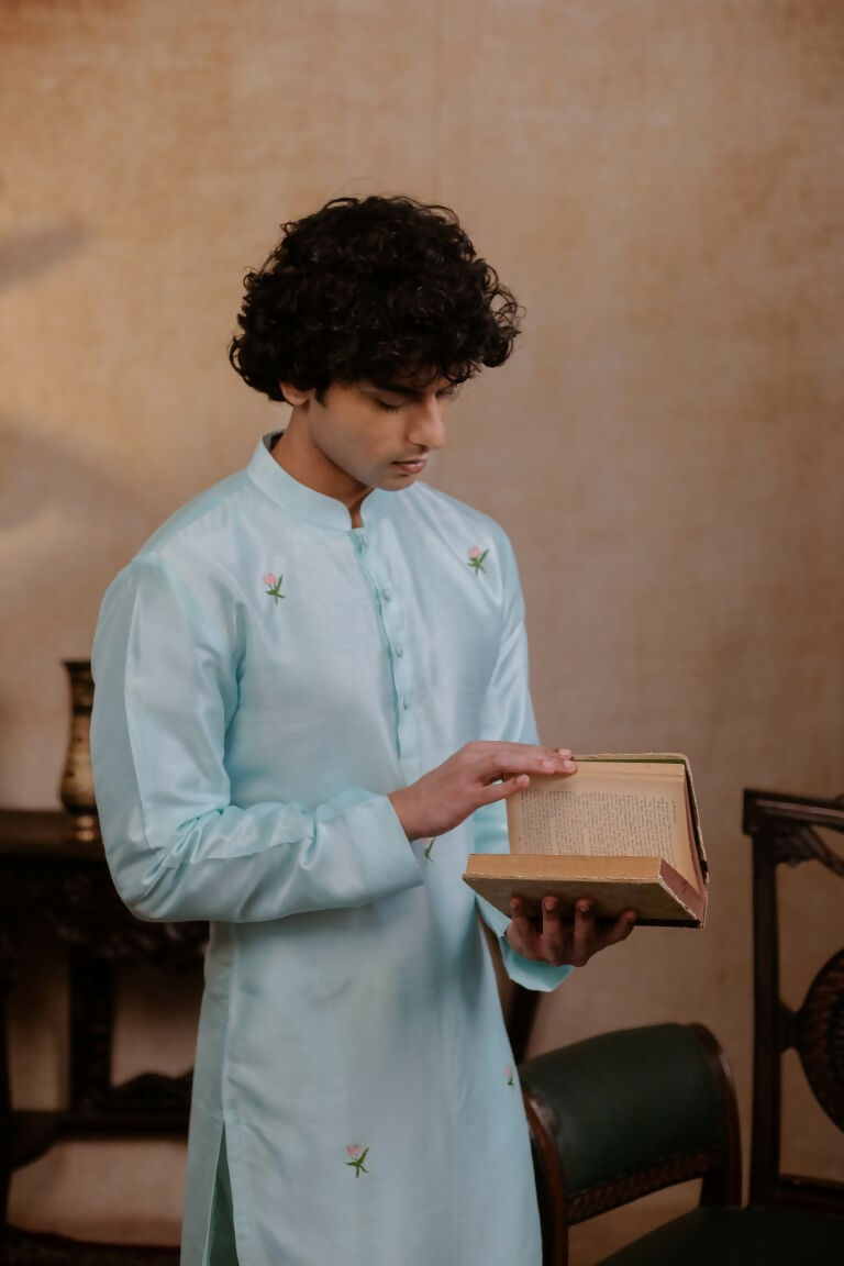 Falling Raw Silk Sea Green Vrindavan Lotus Kurta By Hilo Design