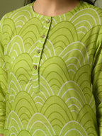 Myshka Women's Green Printed Cotton Round Neck Party Tunic With Trousers Co-ord set