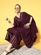 Ahalyaa Women Wine Colour Crepe Gold Glitter Print Kurta Palazzo Set - Distacart