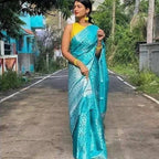 DEIANA'S Beautiful Designer Golden zari Soft Lichi Silk Saree - Sky