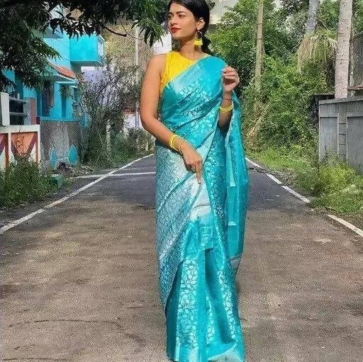 DEIANA'S Beautiful Designer Golden zari Soft Lichi Silk Saree - Sky