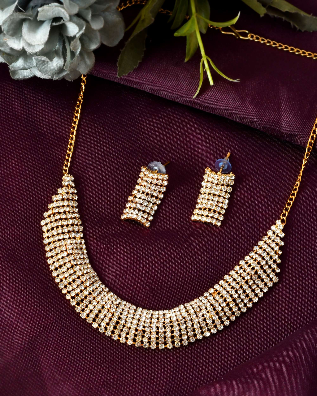 Jewels Nest Gold-Plated American Diamond Wide Choker Necklace Set