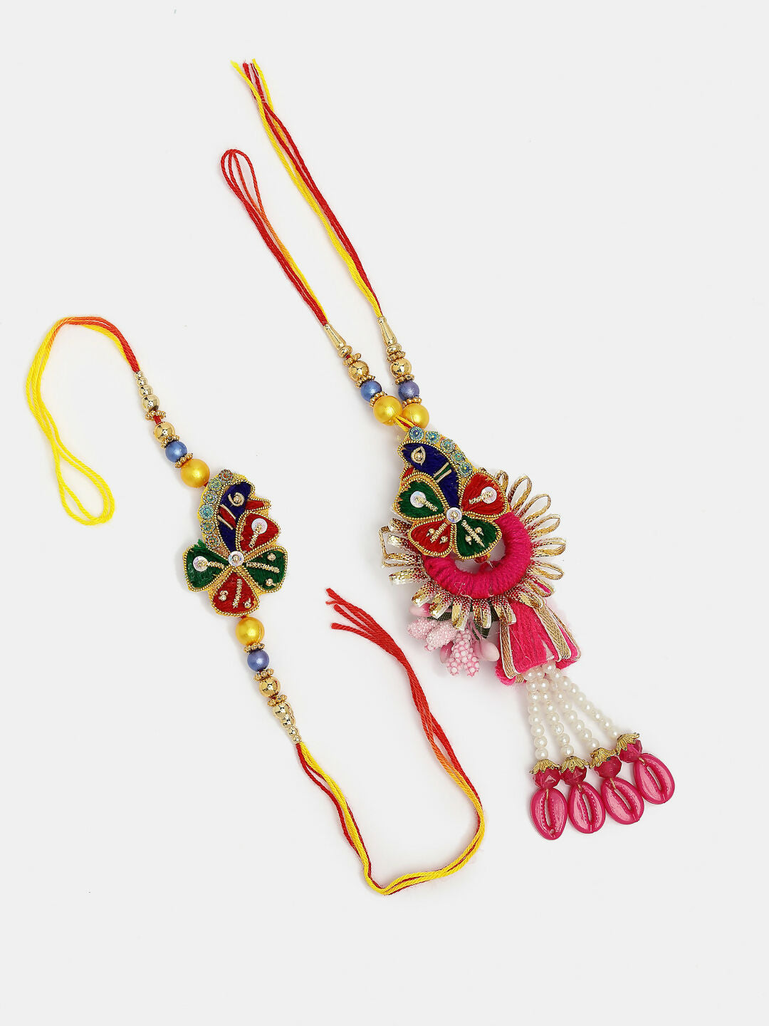 NVR Women & Men Set of 2 Multicolor Thread Work & Beaded Bhaiya Bhabhi Rakhi With Roli Chawal & Chocolate - Distacart