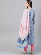 Yufta Women Blue & Pink Handblock Printed Pure Cotton Kurta with Trouser & Dupatta