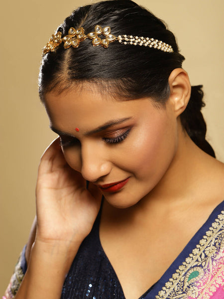 Gold-Polished White Kundan-Studded Pearl Beaded Hair Band - Ruby Raang