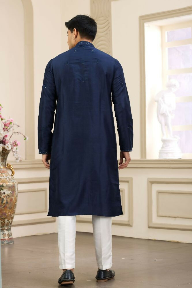 Raivat Ethnic Banarasi Art Silk Thread and Mirror Work Kurta Pajama In Blue Colour