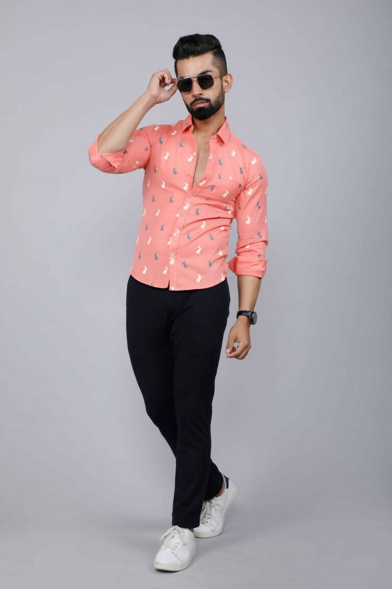 Miravan Men's Peach Spread Collar Animal Print Partywear Shirt
