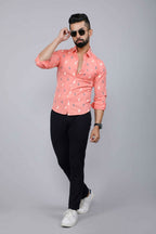 Miravan Men's Peach Spread Collar Animal Print Partywear Shirt