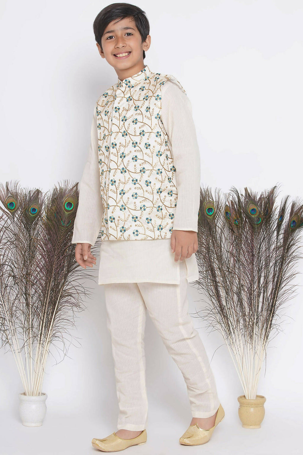 Little Bansi Banarsi Silk Blue Floral Embroidery Jacket with Cotton Kantha kurta and Kantha Pyjama - Cream
