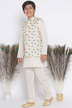 Little Bansi Banarsi Silk Blue Floral Embroidery Jacket with Cotton Kantha kurta and Kantha Pyjama - Cream