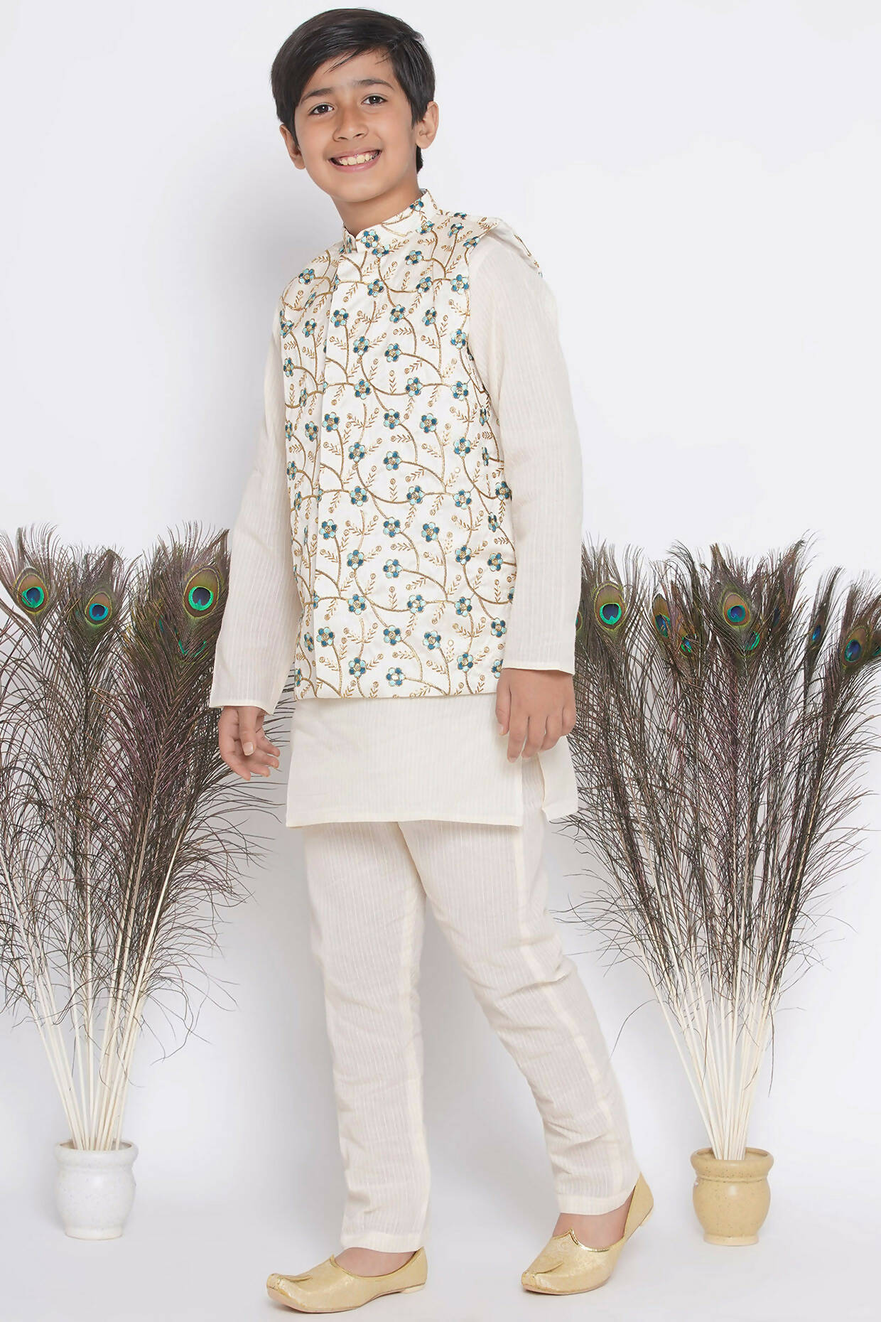 Little Bansi Banarsi Silk Blue Floral Embroidery Jacket with Cotton Kantha kurta and Kantha Pyjama - Cream