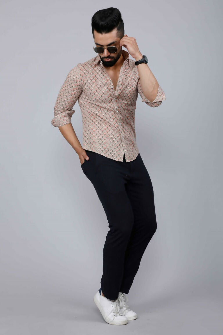 Miravan Men's Beige Pure Cotton Handblock Floral Print Shirt