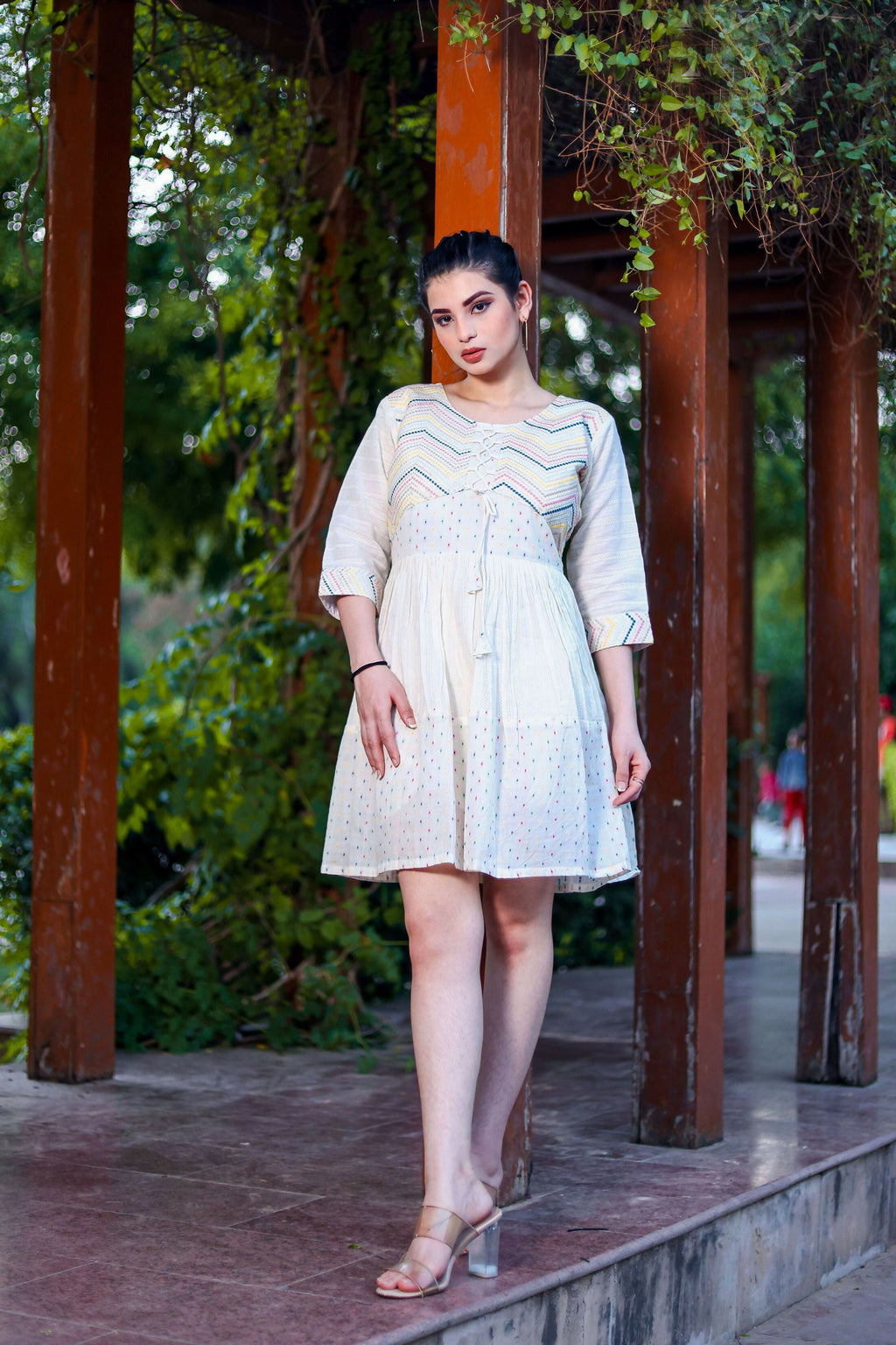 Aayaa Designer Multi Thread Hand Work Khadi Cotton One Piece Dress - Off White