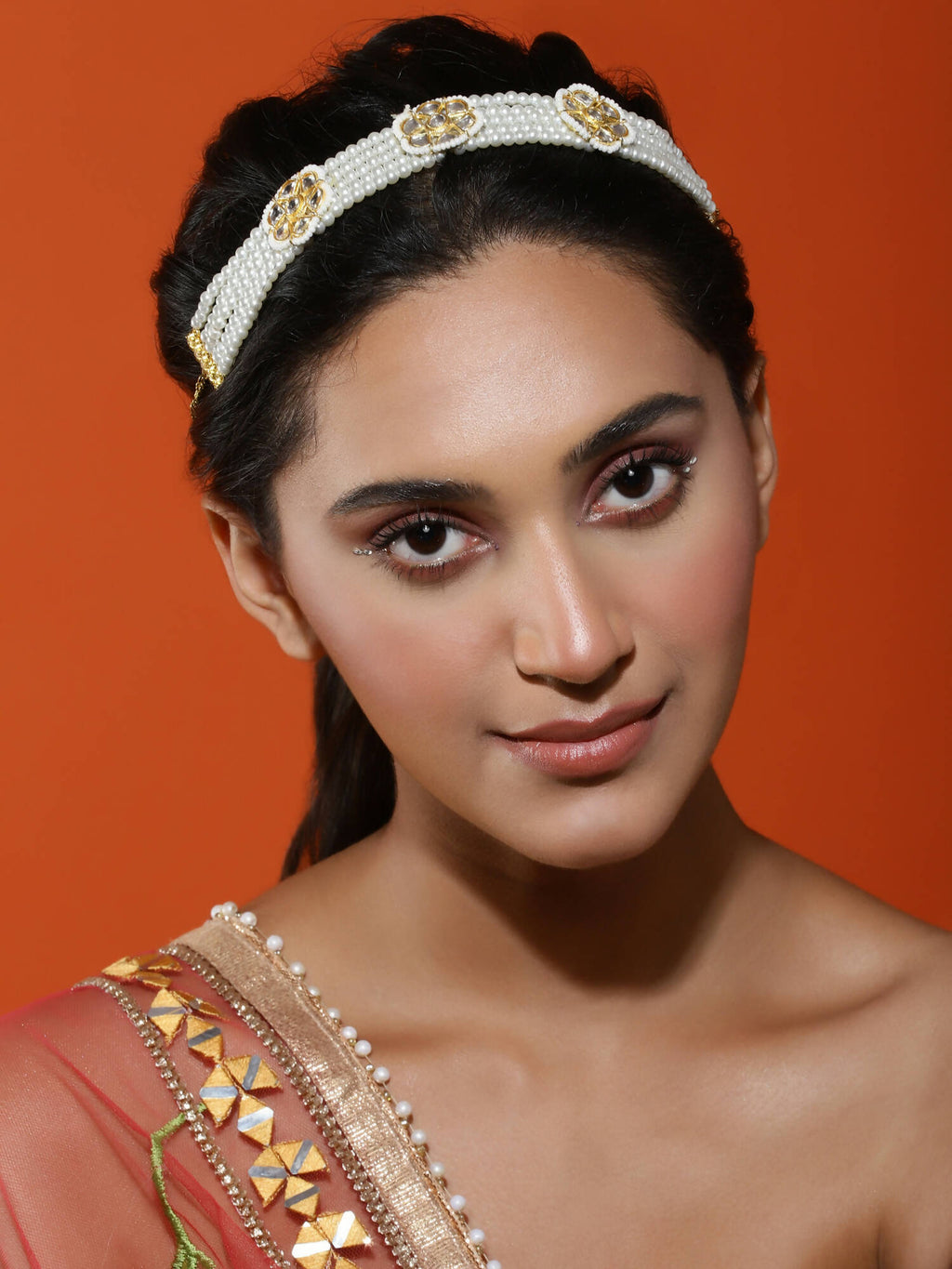 Gold-Plated White Kundan Studded Headband - Ruby Raang - Distacart