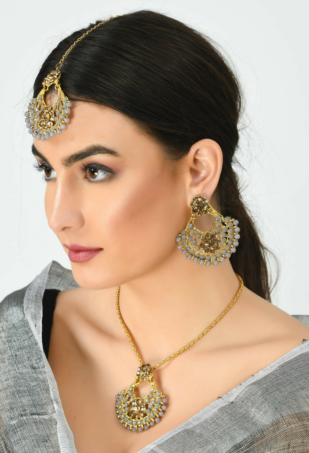 Mominos Fashion Johar Kamal Gold-Plated Brass Finish Long Necklace For Women (Golden/Grey) - Distacart