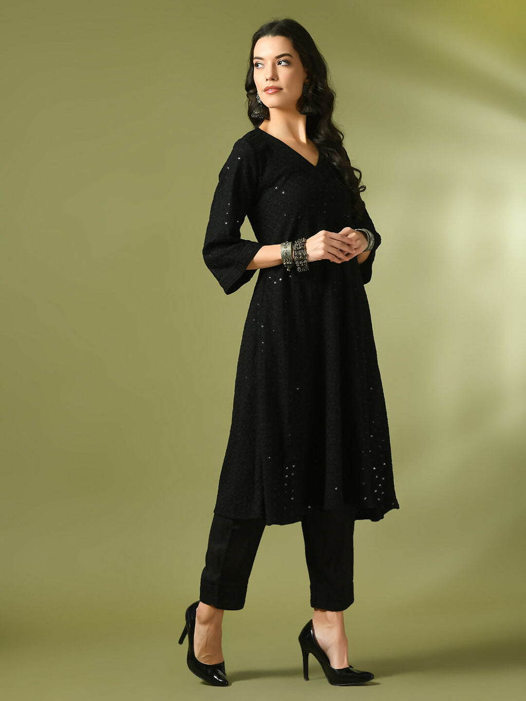 Myshka Women's Black Embroidered Cotton A-Line Party Kurta Set