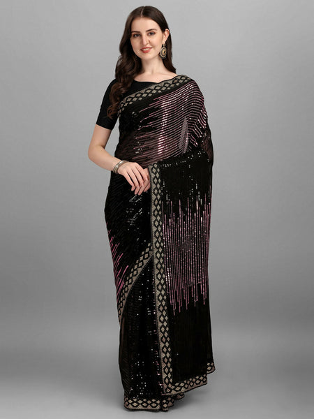 Vegaa Fashion Black Georgette Embroidered Party Wear Saree