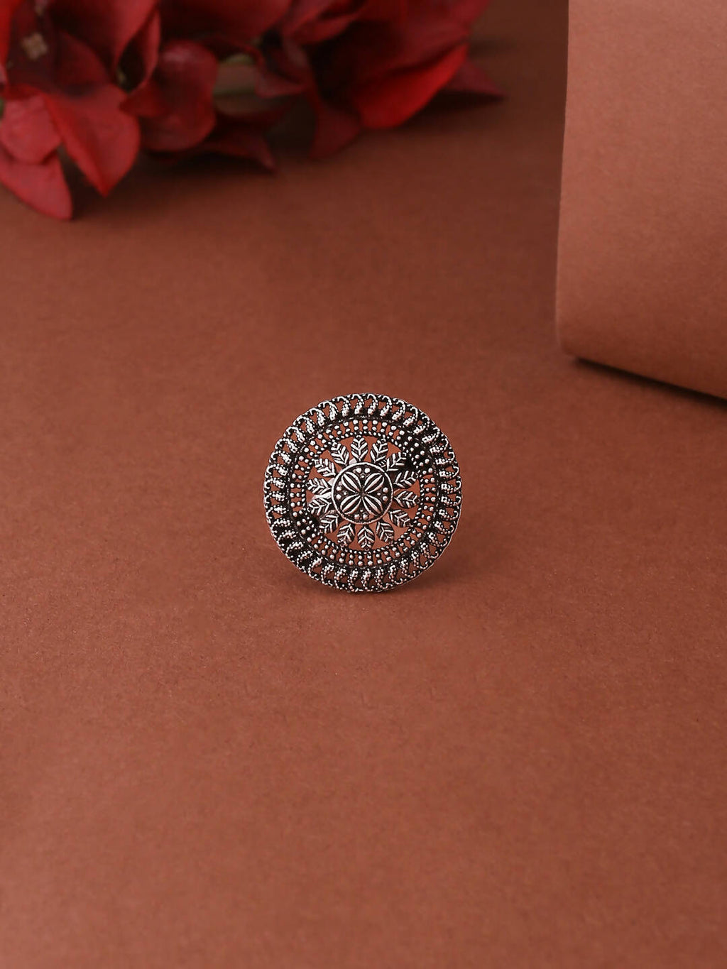 NVR Women's Oxidised Silver Plated Adjustable Finger Ring