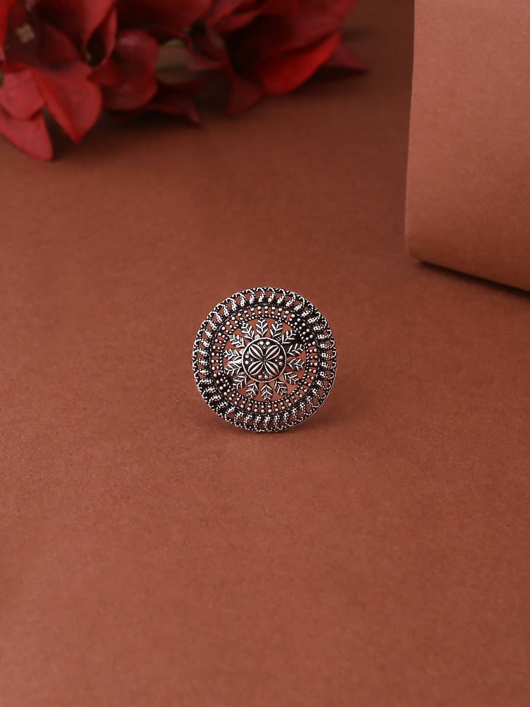 NVR Women's Oxidised Silver Plated Adjustable Finger Ring