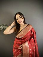 Joban Fashion Red Zari Weaving Motif Lichi Silk Banarasi Silk Saree - Distacart