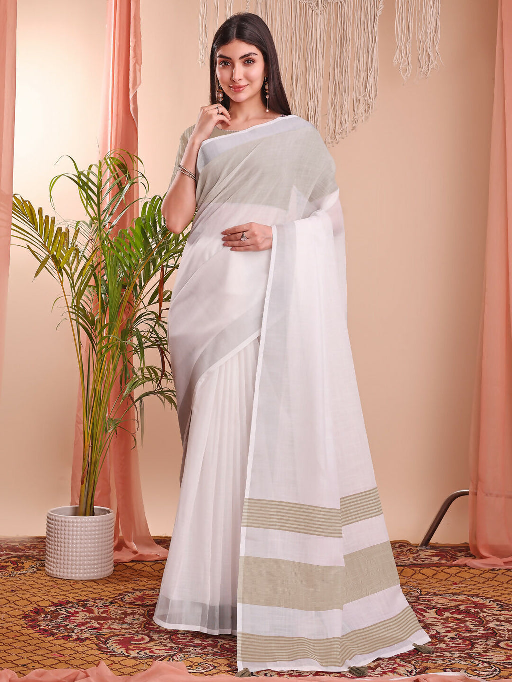 Shree Shyam Fashion The White Loom White Linen Cotton Saree
