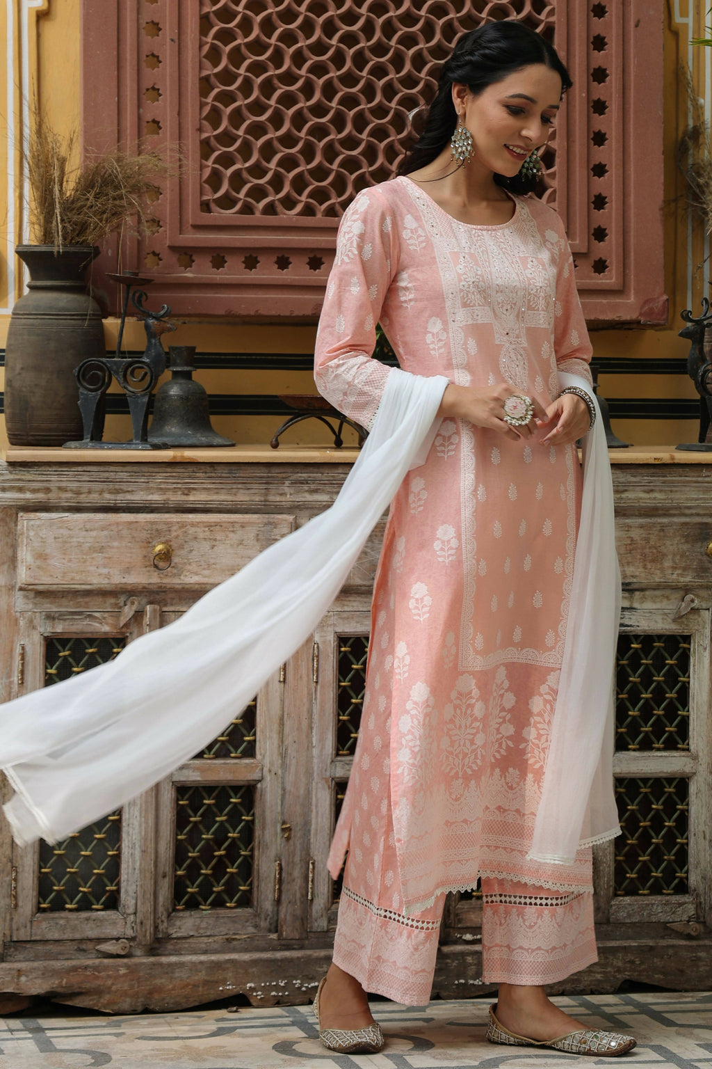 Juniper Women's Peach Printed Straight Kurta Sets - Distacart