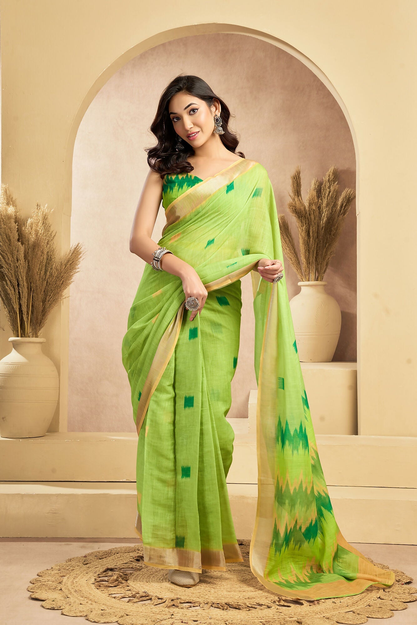 Vastranavya Mint Green Digital Printed Linen Ready To Wear Pocket Saree with Unstitched Blouse - Distacart