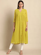 Janasya Mustard Yellow Dobby Weave Poly Chiffon Kurta - Distacart