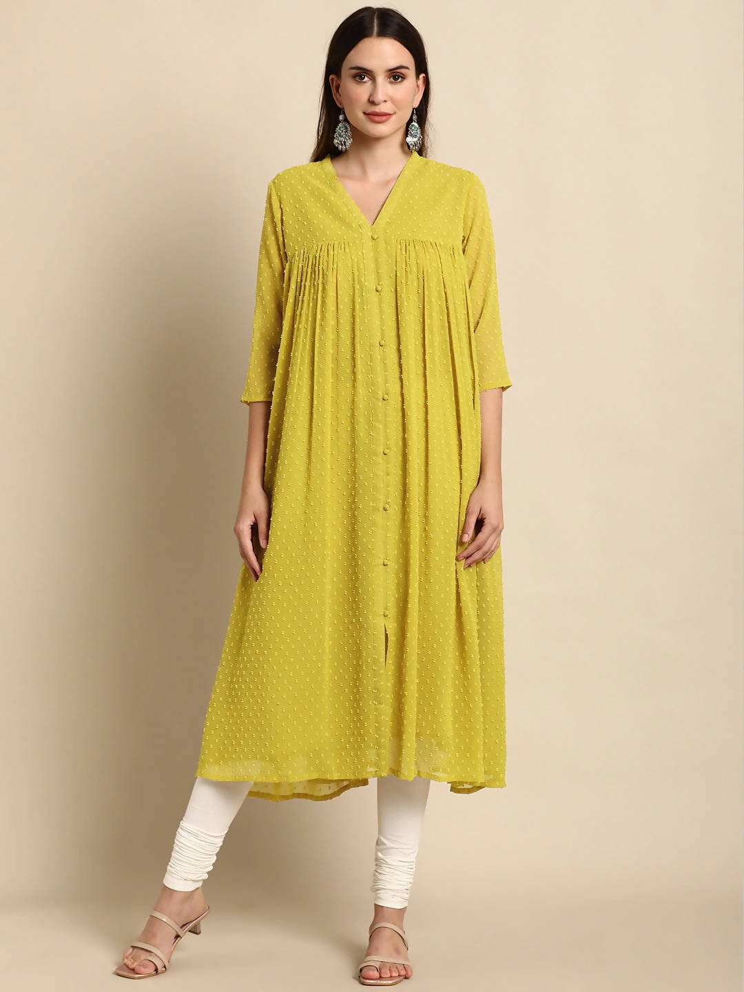 Janasya Mustard Yellow Dobby Weave Poly Chiffon Kurta - Distacart