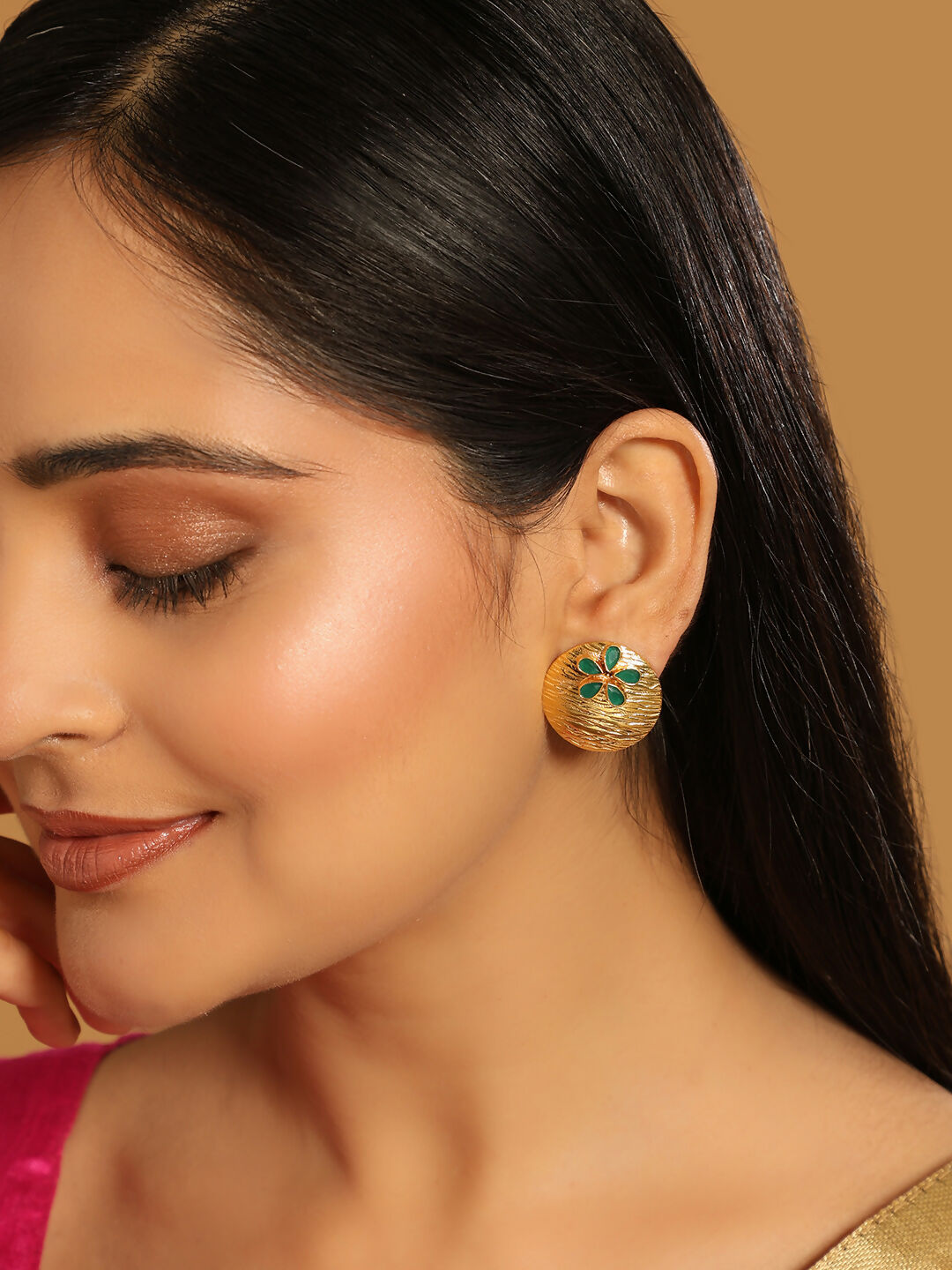 Nuyug 22K Gold-Plated Faux Emerald Stones Studded Circular Floral Shaped Motif Studs - Distacart