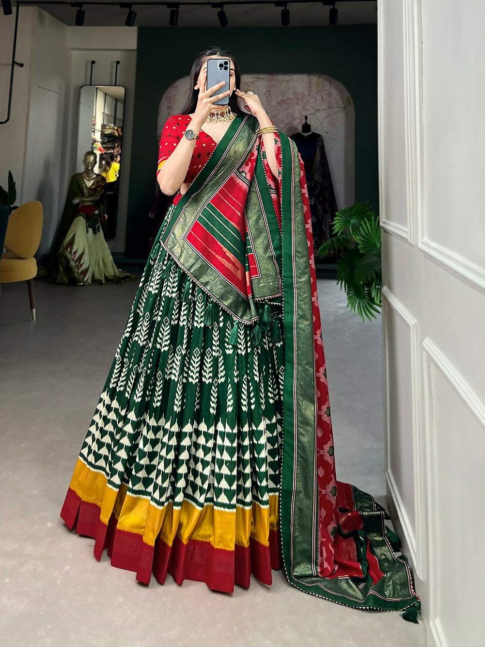 Vastranavya Traditional Printed Tusser Silk Lehenga Choli - Green