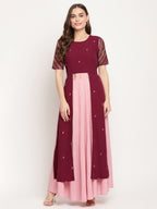 Ahalyaa Women Wine Crepe Glitter Print Dress