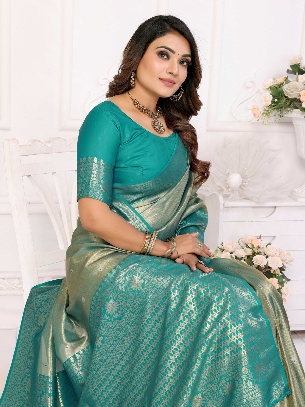 Aastha Fashion Sea Green Tissue Silk Weaving Saree - Distacart
