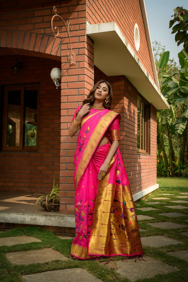 Jyoti Fashion Women's Pink Paithani Silk Zari Woven Saree with Blouse